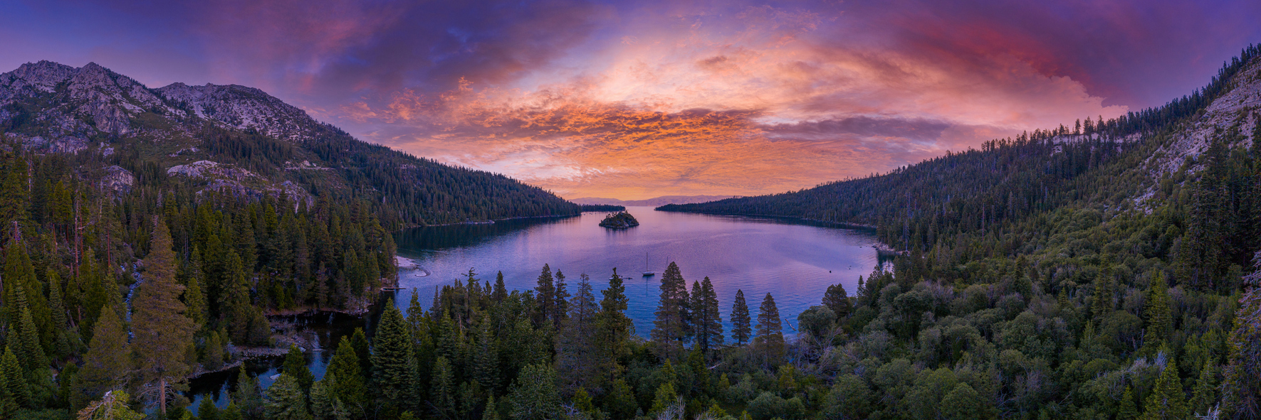 Aerial panorama of Emerald Bay at Lake Tahoe in California